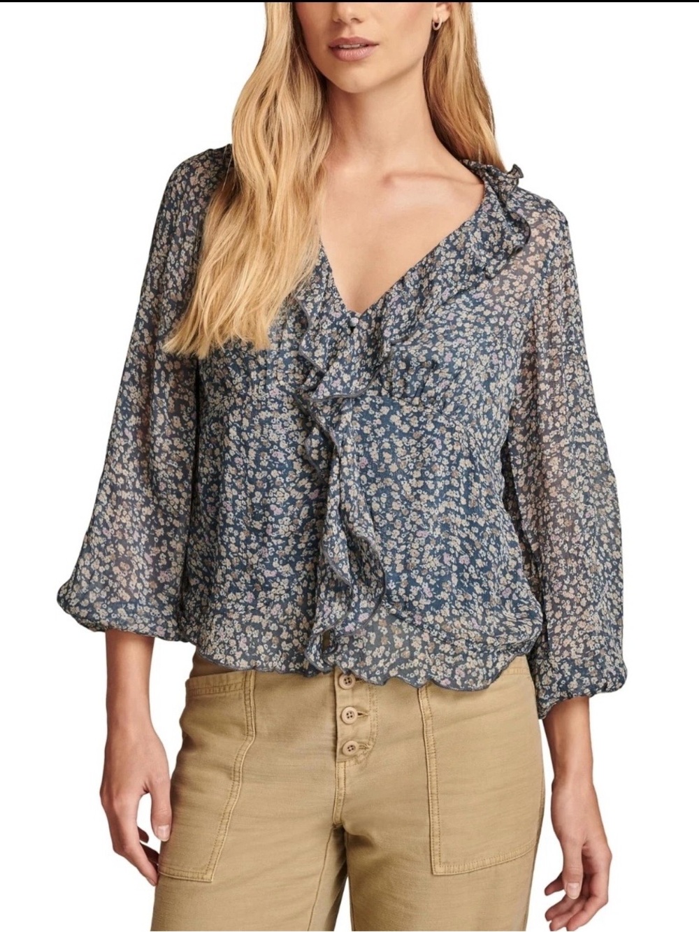 Lucky Brand Navy Floral Ruffle V-Neck Blouse